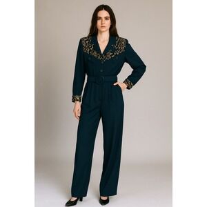 John Roberts Womens Black Velvet Floral Embellished Belted Jumpsuit Size‎ 10